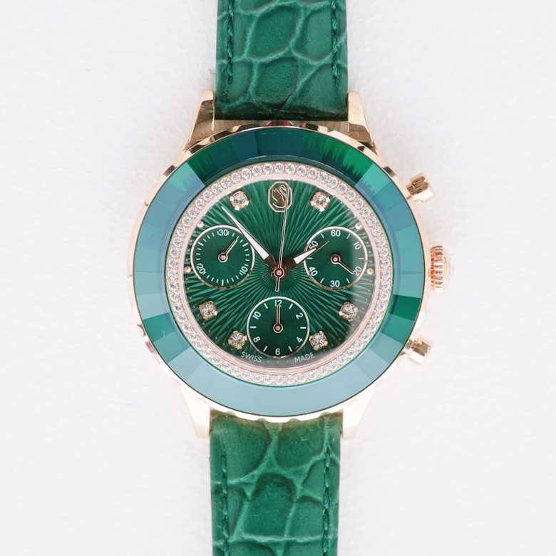 Octea chrono watch, Swiss Made, Leather strap, Green, Rose gold