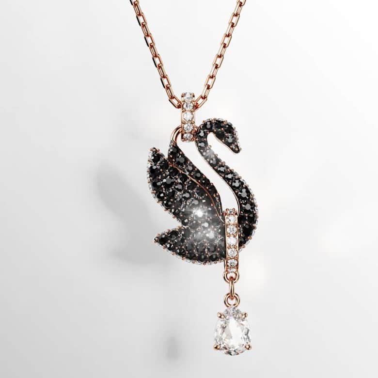 Swan pendant, Swan, Black, Rose gold-tone plated | Swarovski