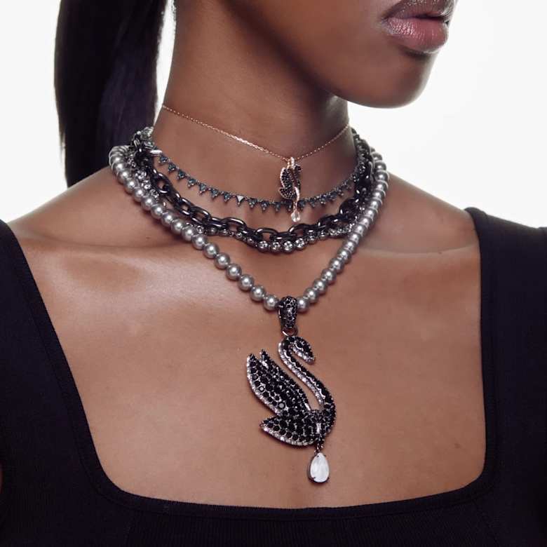 Swan ペンダント, スワン, ブラック, ローズゴールドトーン・プレー