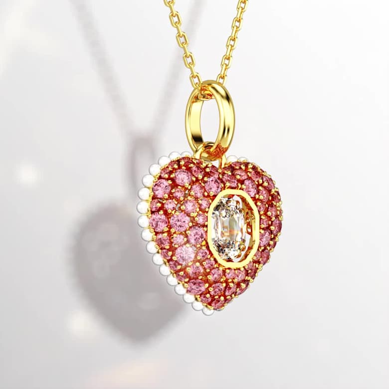 Idyllia pendant, Octagon cut, Crystal pearl, Heart, Pink, Gold