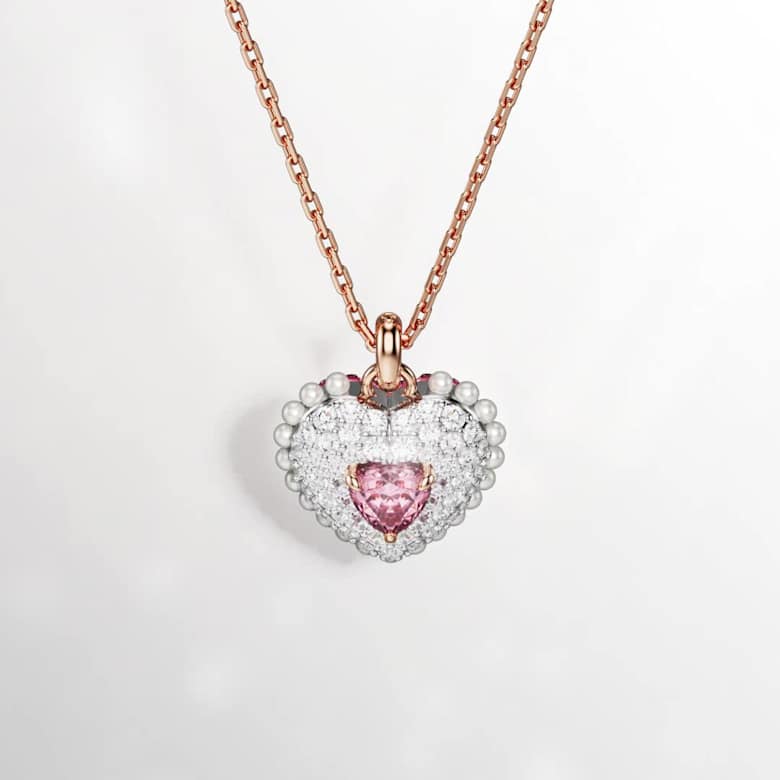 Hyperbola pendant, Crystal pearls, Heart, Pink, Rose gold-tone plated