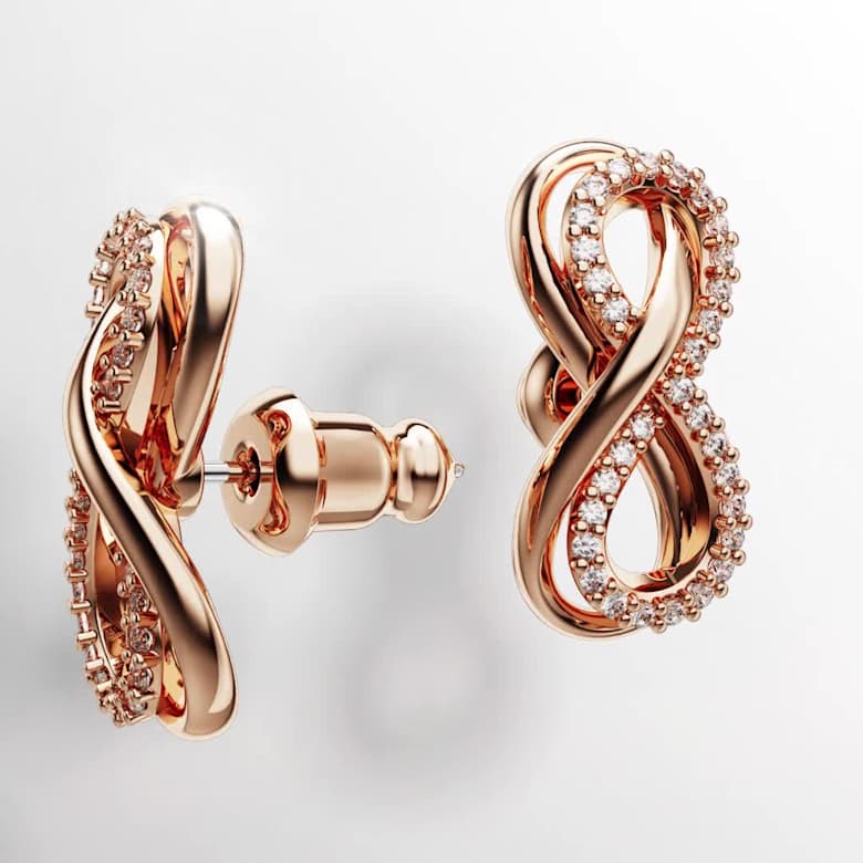 Hyperbola stud earrings, Infinity, White, 18K rose gold finish