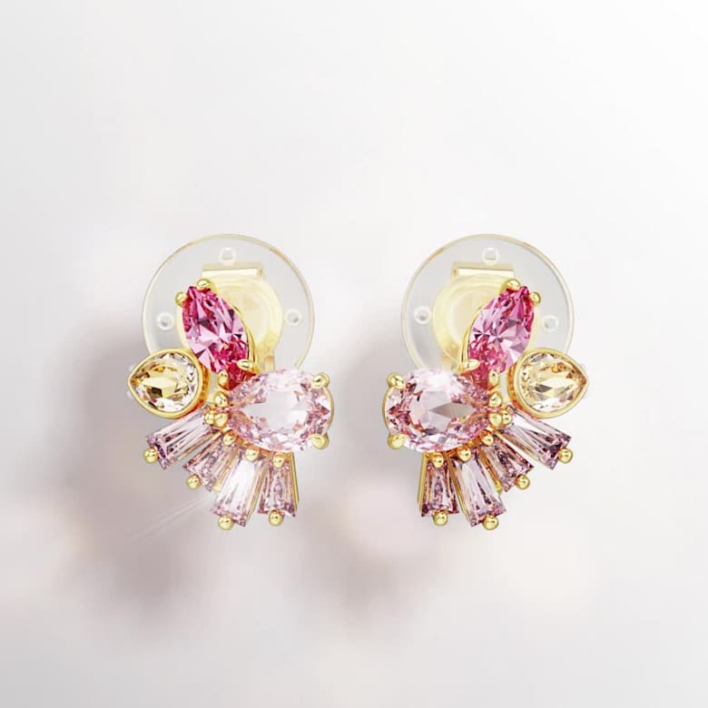 Gema clip earrings, Mixed cuts, Flower, Pink, Gold-tone plated