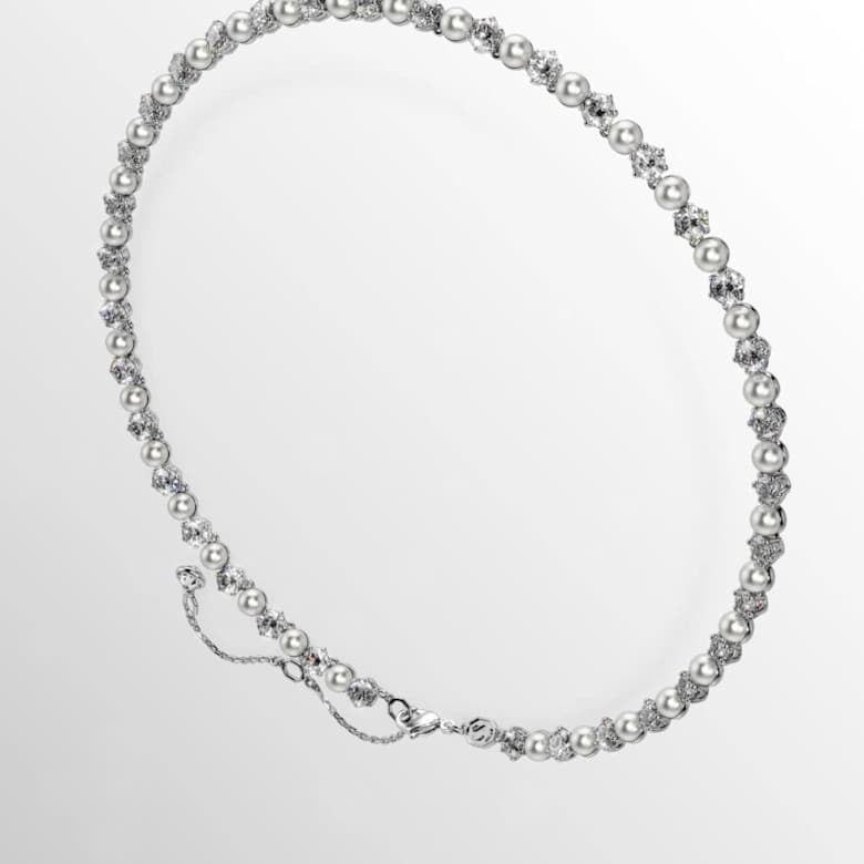Matrix Tennis necklace, Crystal pearl, Round cut, White, Rhodium