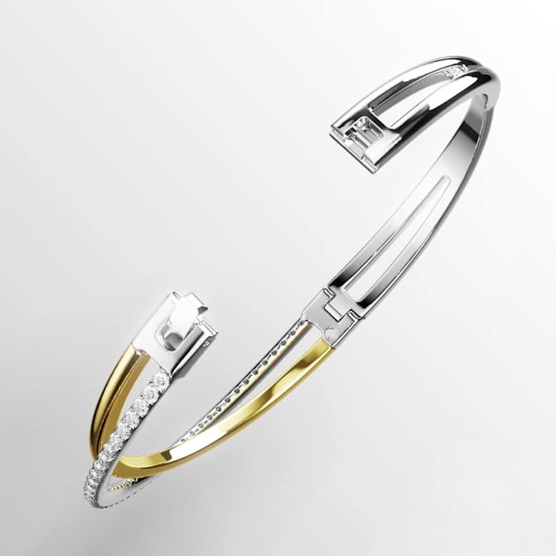 Hyperbola バングル, ラウンドカット, ホワイト, ミックスメタル仕上げ