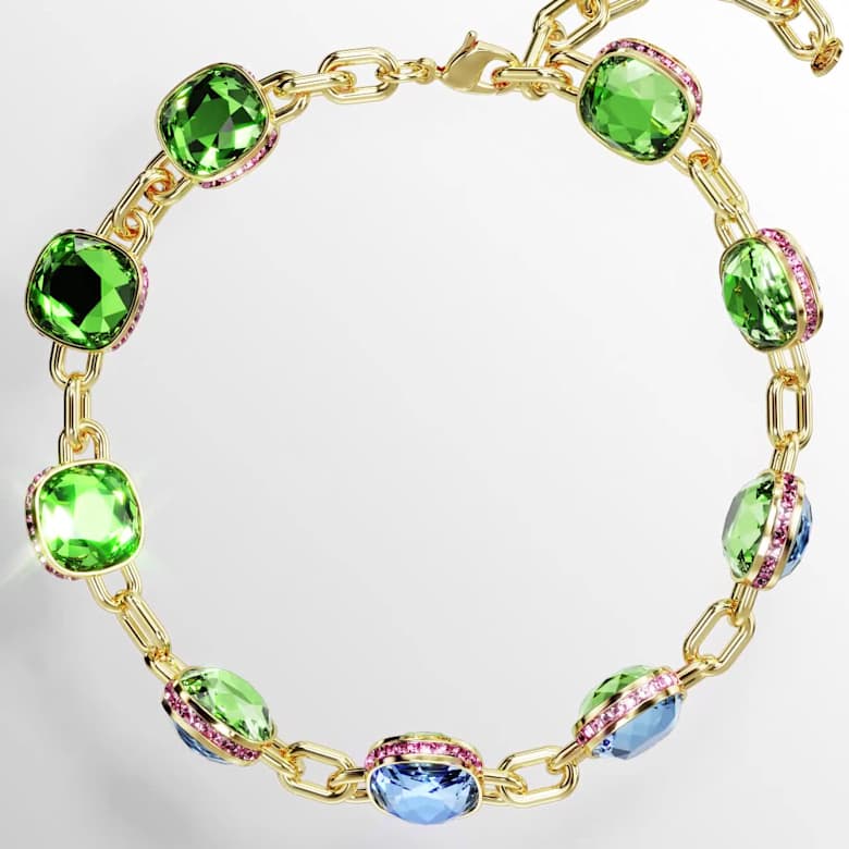 Chroma Tennis necklace, Cushion cut, Multicolored, 18K gold finish