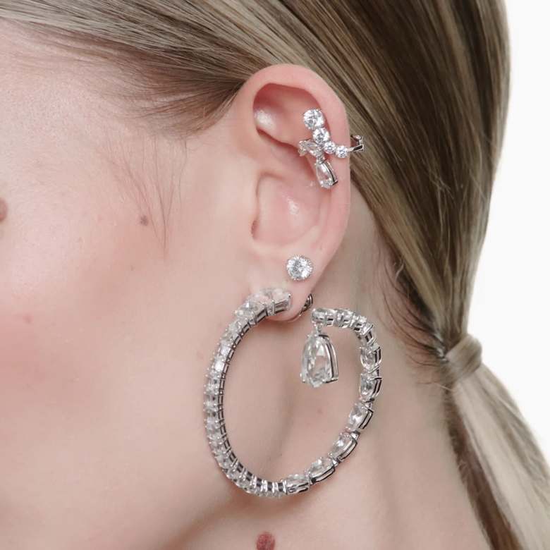 Matrix hoop earrings, Mixed cuts, White, Rhodium plated | Swarovski