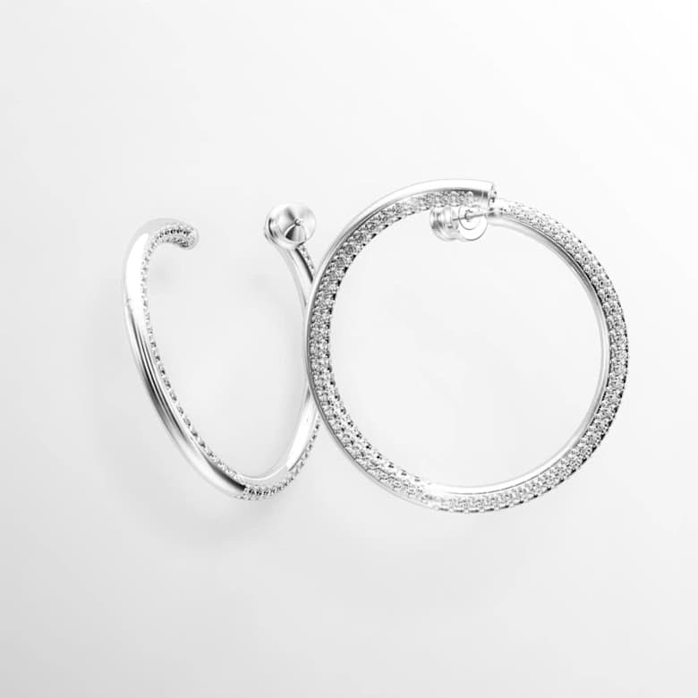Dextera hoop earrings, Round cut, White, Rhodium plated | Swarovski