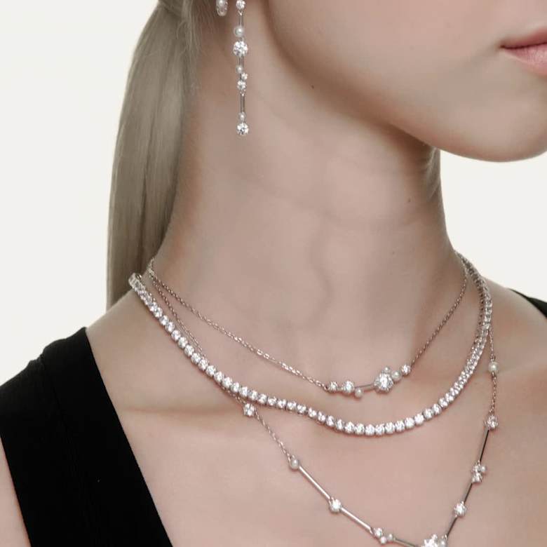 Constella necklace, Crystal pearl, Round cuts, White, Rhodium