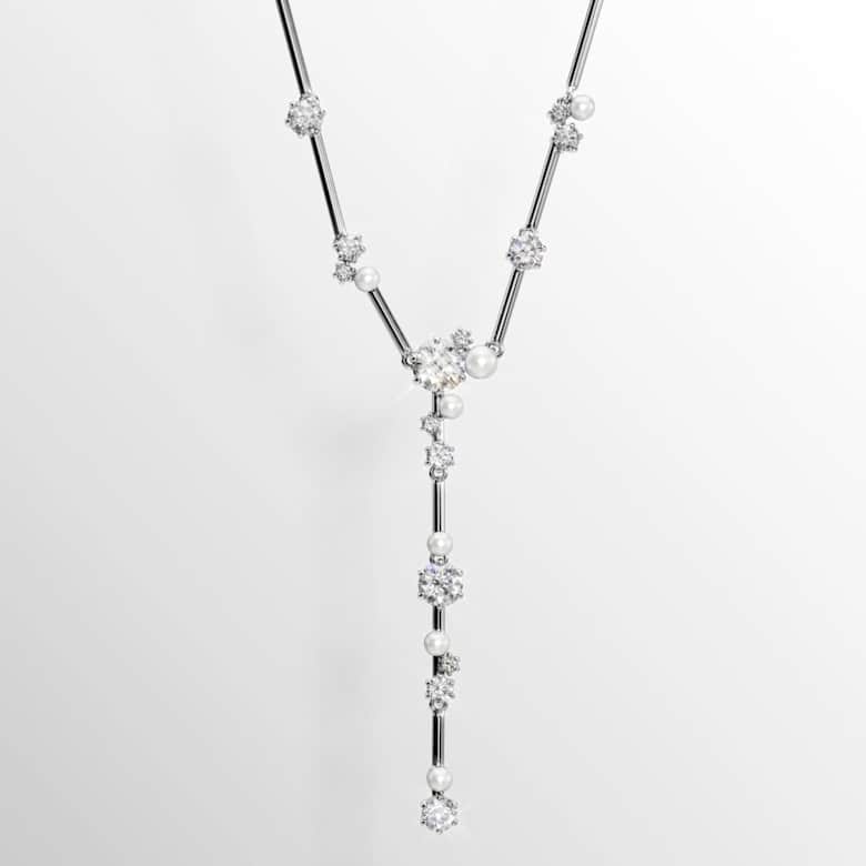 Constella Y necklace, Crystal pearl, Round cuts, White, Rhodium plated