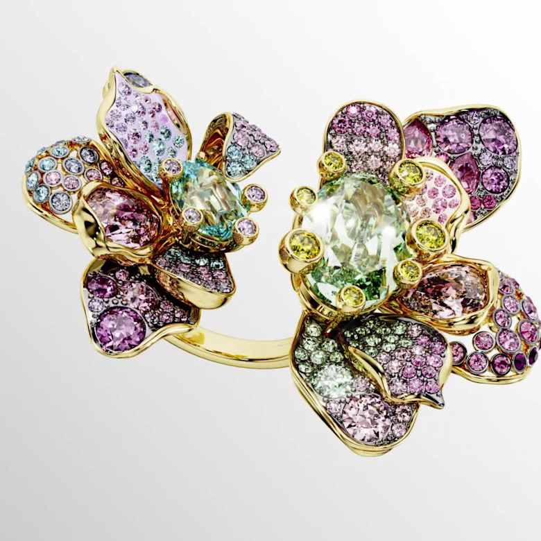 Idyllia ring, Mixed cuts, Pavé, Flower, Multicolored, Gold-tone plated