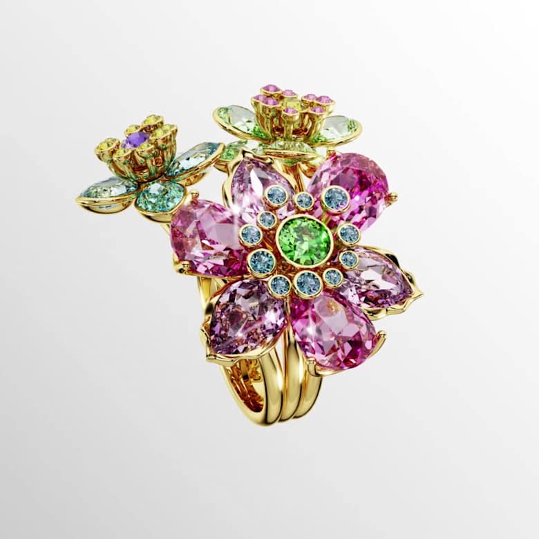 Idyllia ring, Mixed cuts, Flower, Multicolored, Gold-tone plated