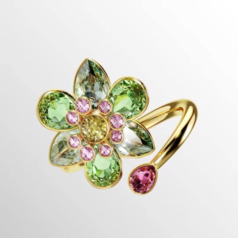 Idyllia オープンリング, ミックスカット, フラワー, グリーン, 18K