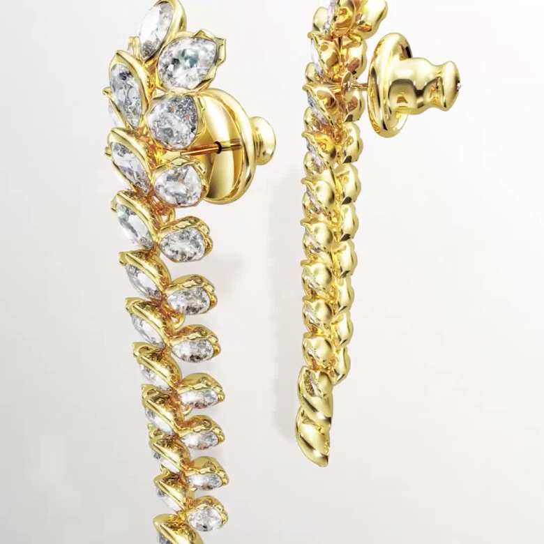 Idyllia drop earrings, Mixed cuts, Long, White, 18K gold finish